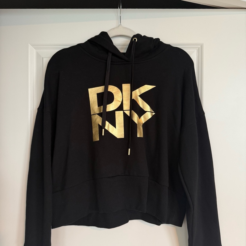 DKNY Sport Black Hoodie with Gold Logo – Women’s Size S/M